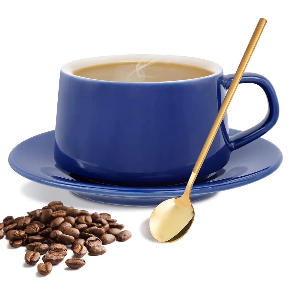 GOOD ALWAYS Coffee Mug with Spoons Espresso Cups and Saucer for Latte & Cappuccino & Double Espresso Valentines Day Office Essentials for New Home(Blue)