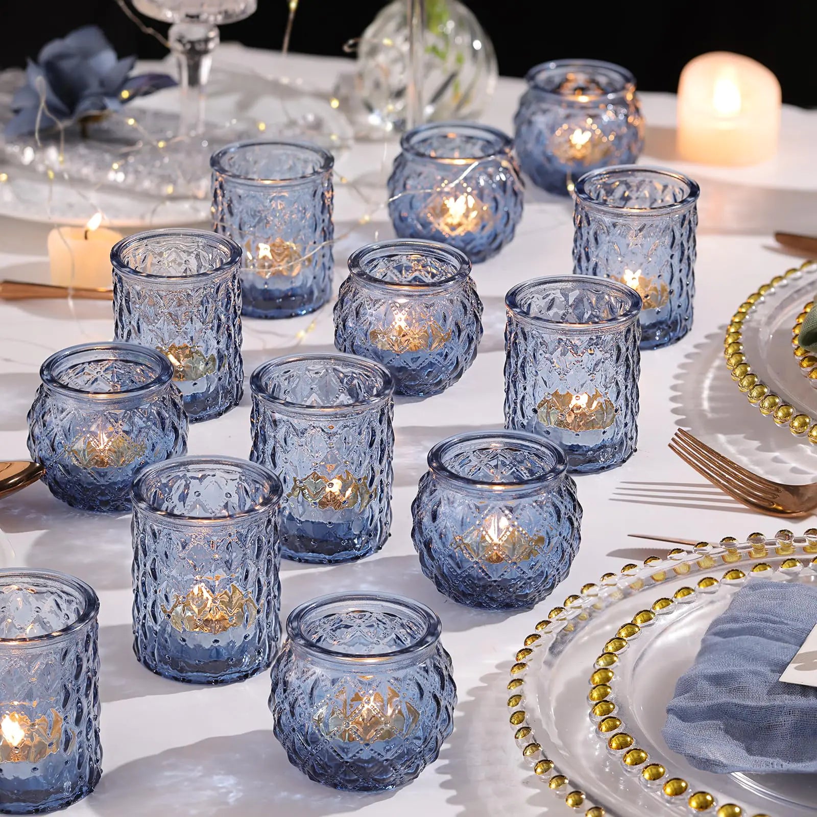 NITIME 36pcs Assorted Blue Votive Candle Holders Blue Candle Holders for Wedding Table Decor Tea Lights Candle Holder for Table Centerpiece Bridal Shower Baby Shower Decorations