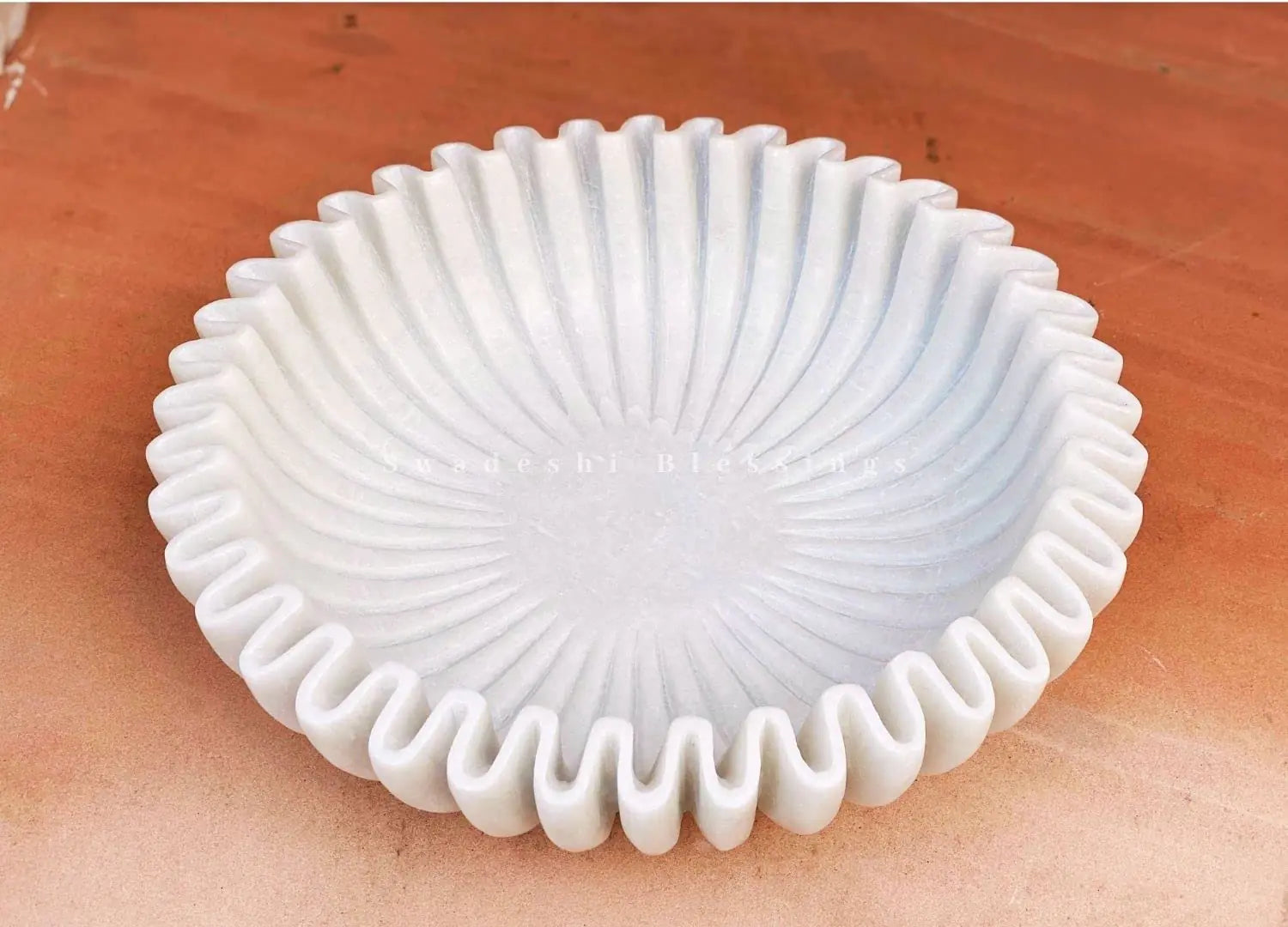SWADESHI BLESSINGS HandCrafted Marble Ruffle Bowl/Antique Scallop Bowl/Fruit Bowl/Vintage Ring Dish/Decorative Flower Bowl/HouseWarming Gift/Wedding Gifts/Urli (10 Inches)