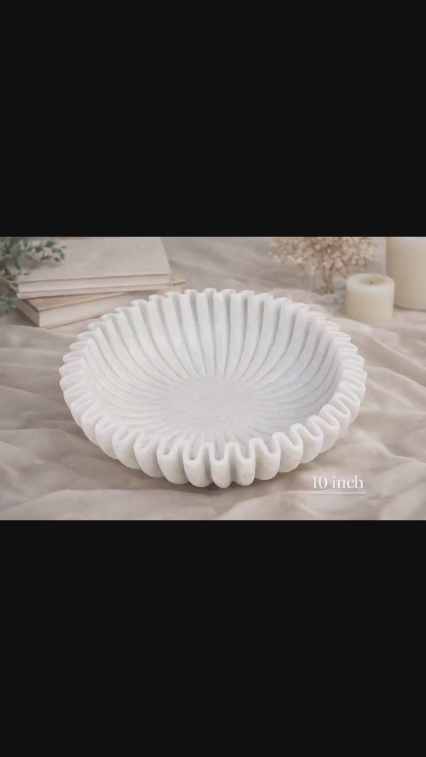 SWADESHI BLESSINGS HandCrafted Marble Ruffle Bowl/Antique Scallop Bowl/Fruit Bowl/Vintage Ring Dish/Decorative Flower Bowl/HouseWarming Gift/Wedding Gifts/Urli (10 Inches)
