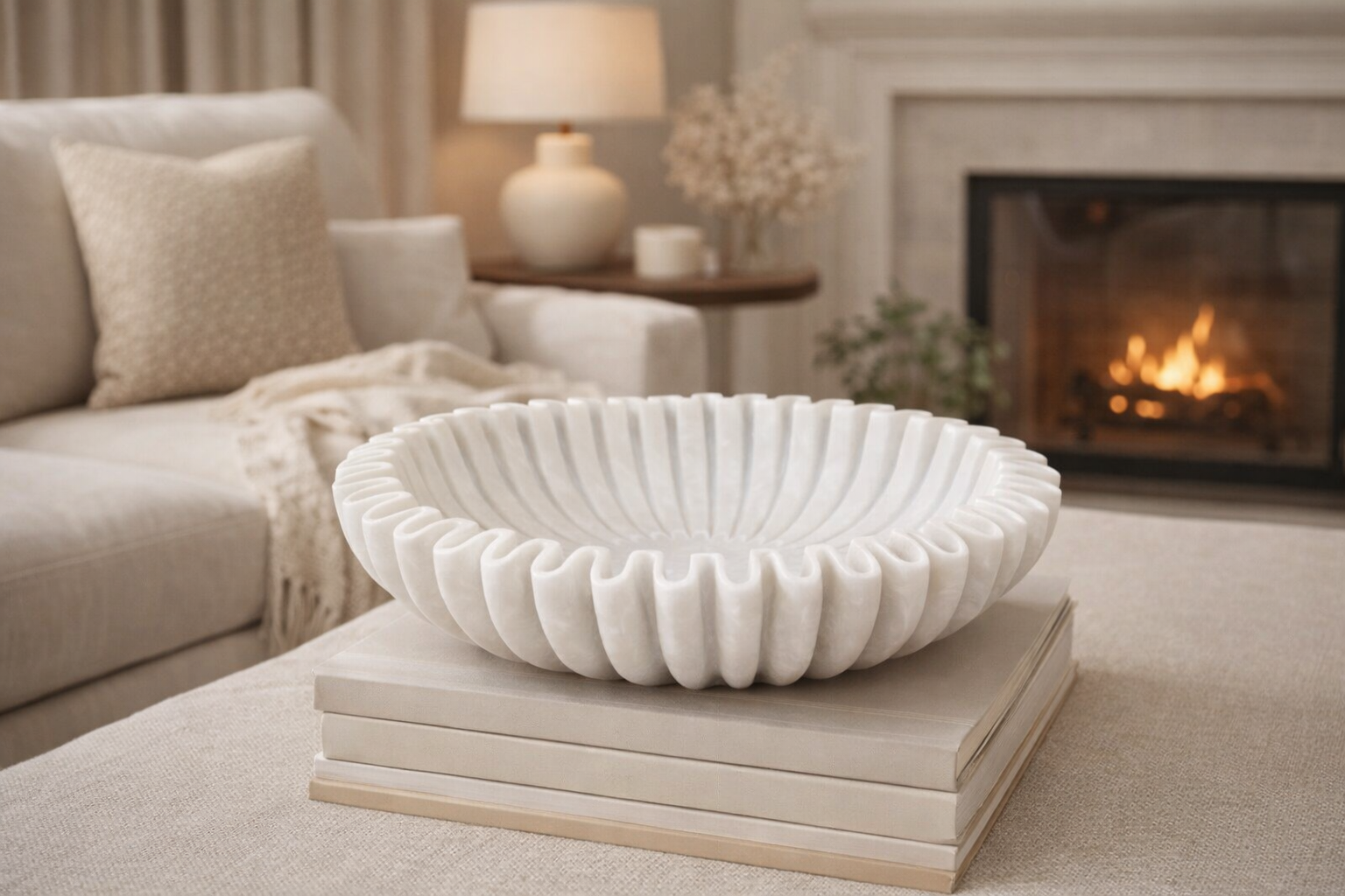 SWADESHI BLESSINGS HandCrafted Marble Ruffle Bowl/Antique Scallop Bowl/Fruit Bowl/Vintage Ring Dish/Decorative Flower Bowl/HouseWarming Gift/Wedding Gifts/Urli (10 Inches)