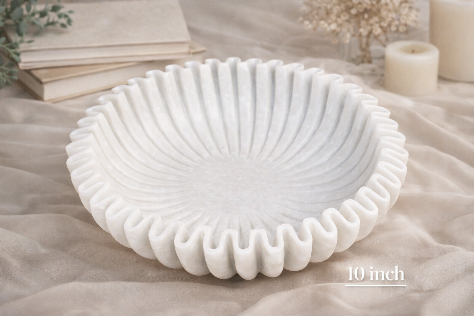 SWADESHI BLESSINGS HandCrafted Marble Ruffle Bowl/Antique Scallop Bowl/Fruit Bowl/Vintage Ring Dish/Decorative Flower Bowl/HouseWarming Gift/Wedding Gifts/Urli (10 Inches)