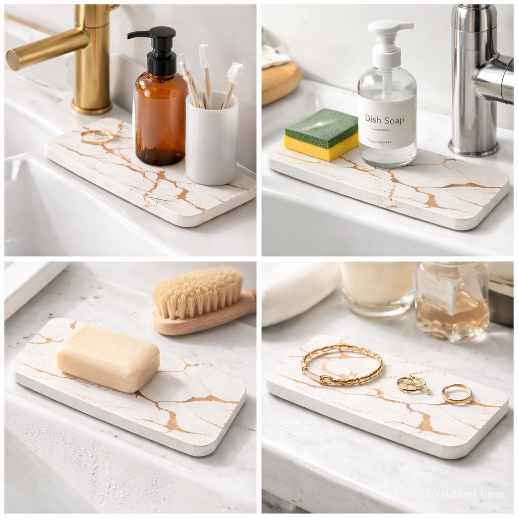 Water Absorbing Stone Tray for Sink Diatomite Bathroom Tray Quick Dry Dish Soap Holder Kitchen Sink Organizer for Modern Home Decor - Marble Gold
