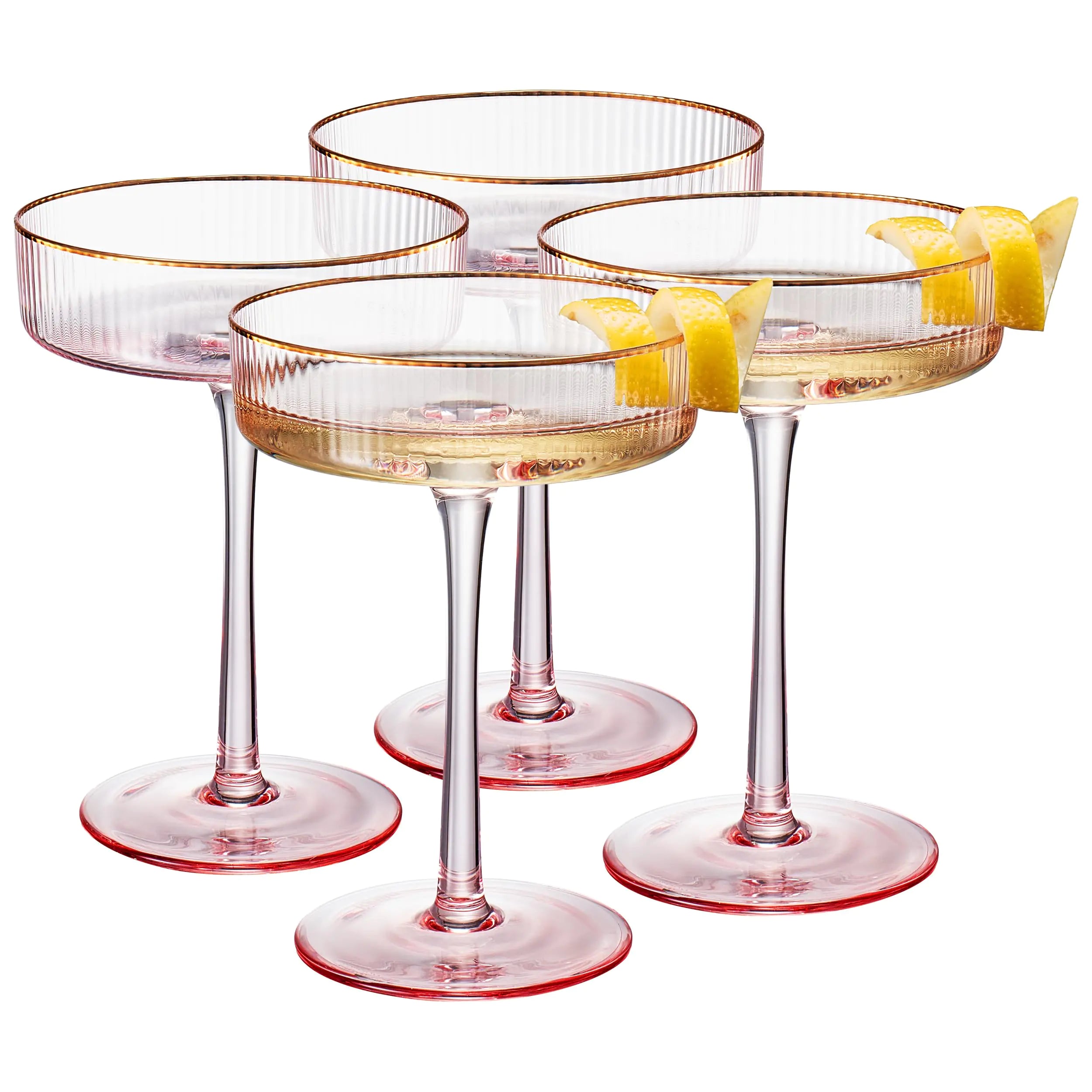 Khen Ribbed Vintage Art Deco Coupe Glasses - Martini Champagne & Cocktail Ribbed Glasses 8oz | Cute Crystal Glassware Sets - Goblet Stemmed Ripple Glassware Housewarming Glass Pink Gilded 4 Pieces